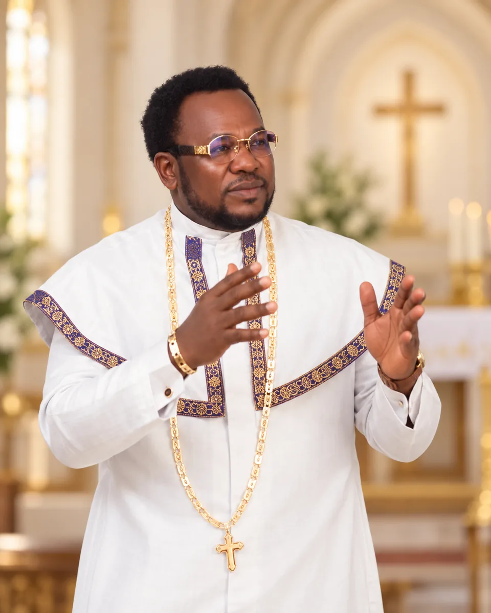 AVSE Yomi Johnson in the white soutane of the Celestial Church, speaking before the altar