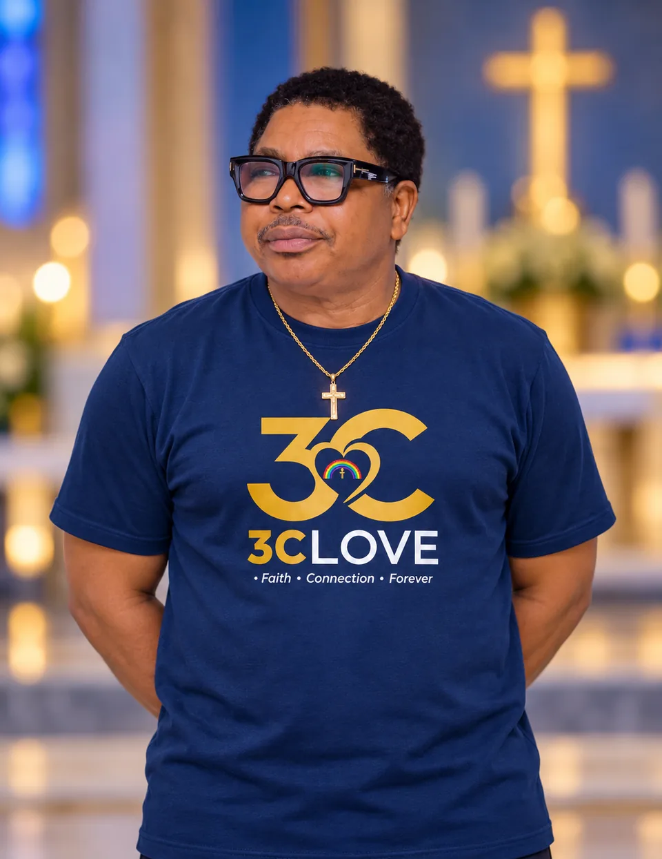 A member in a navy 3CLove shirt standing before the altar
