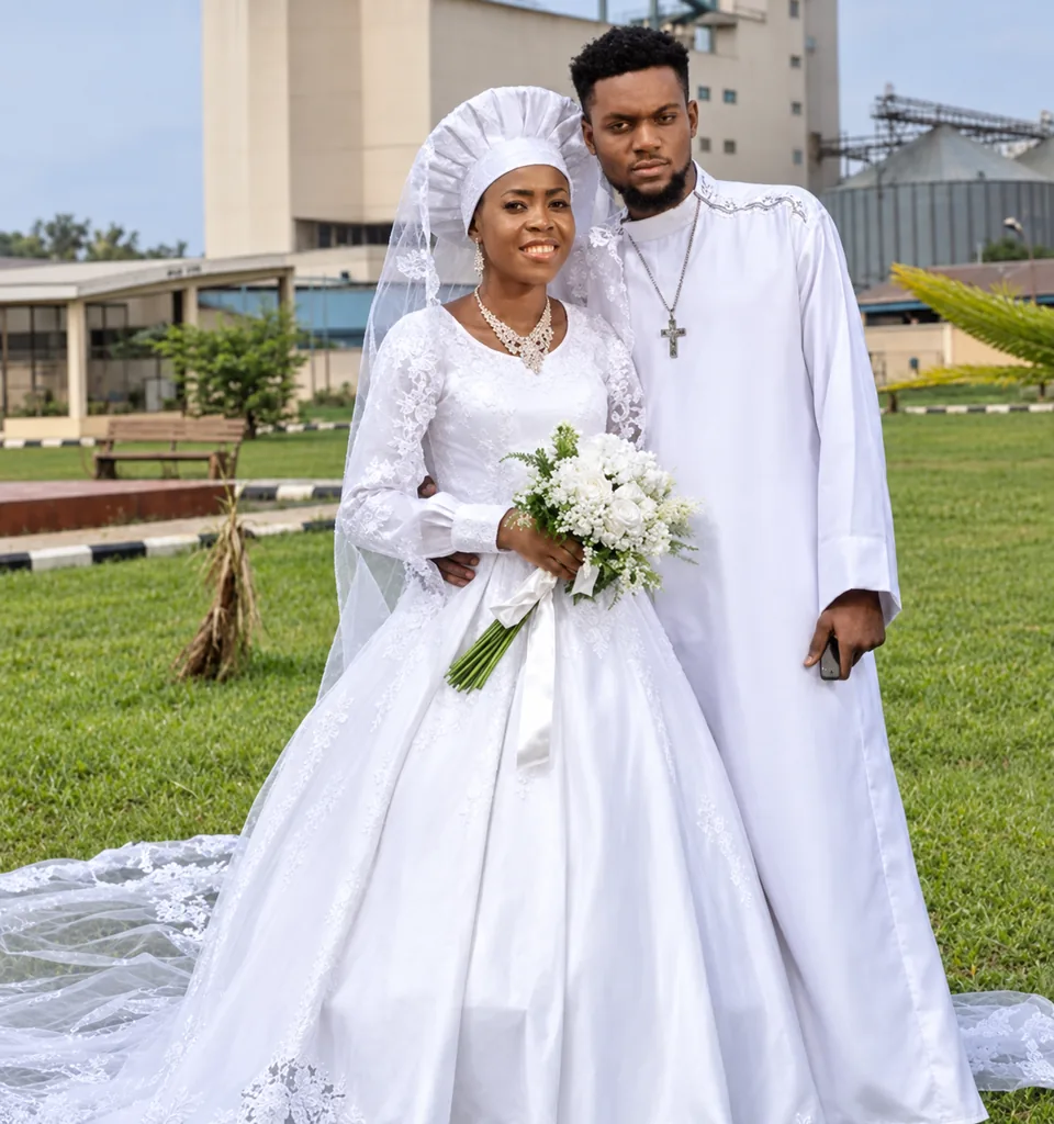 A bride in a lace gown, veil and gele stands with a groom in a white soutane on a lawn