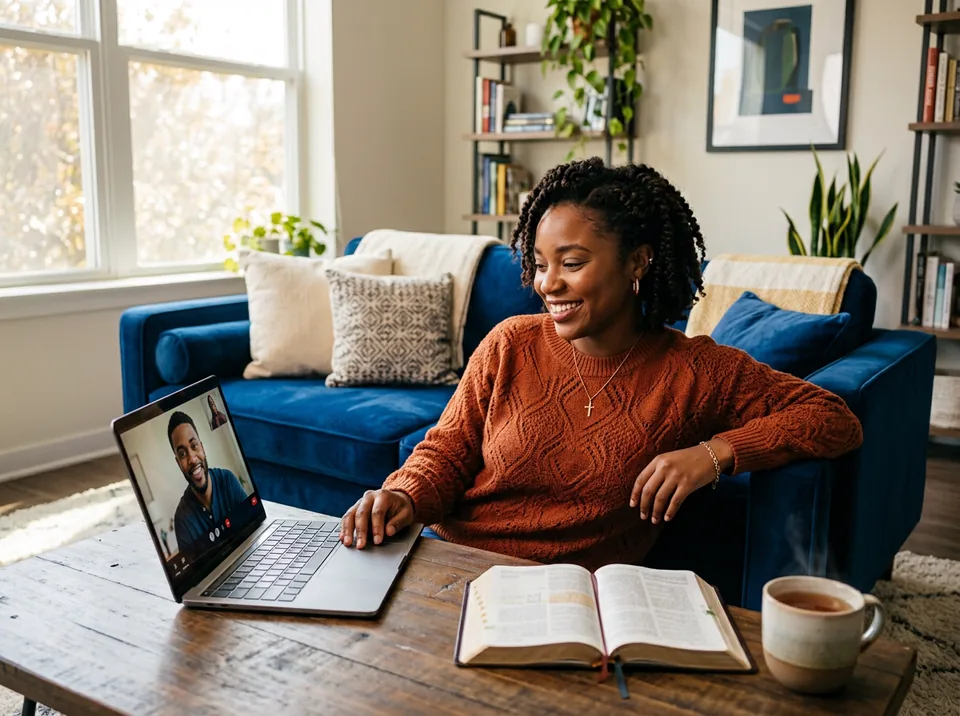 A woman on a video call, laughing