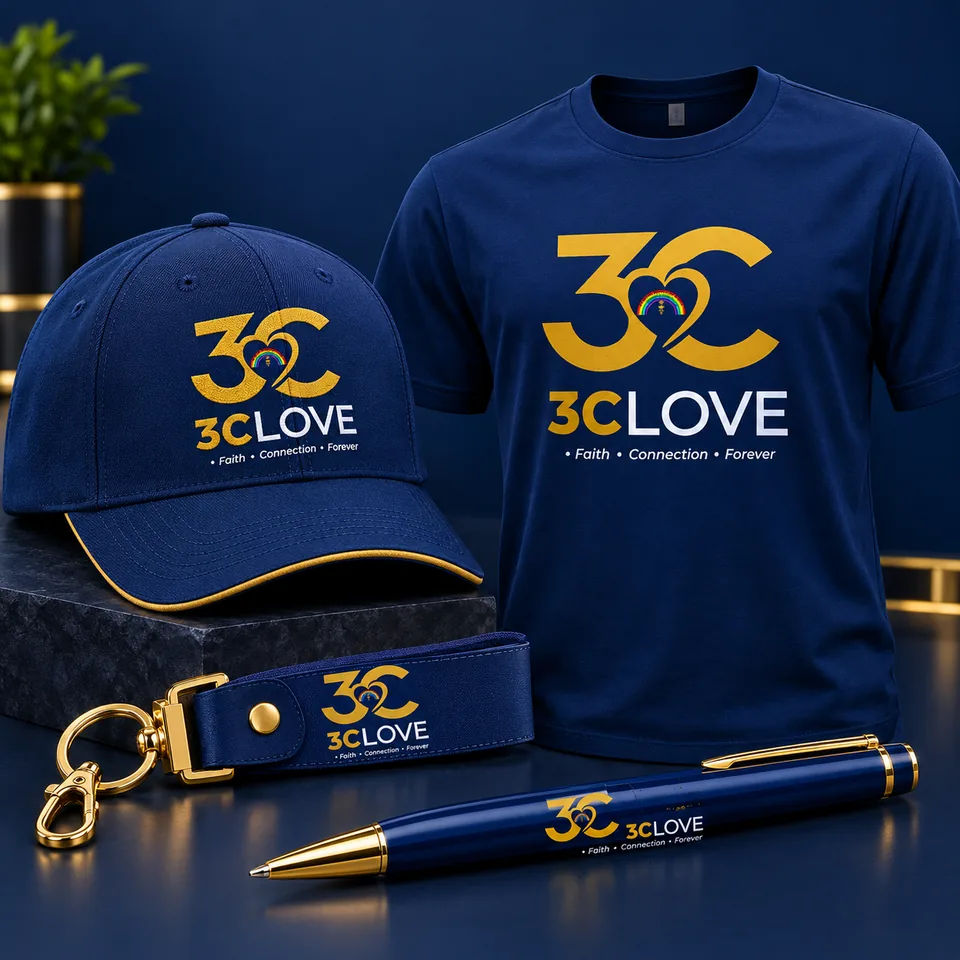 A navy cap, shirt, key fob and pen, each carrying the gold 3CLove mark