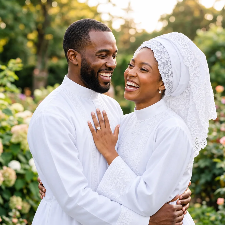 A couple in white church dress laughing together in a garden