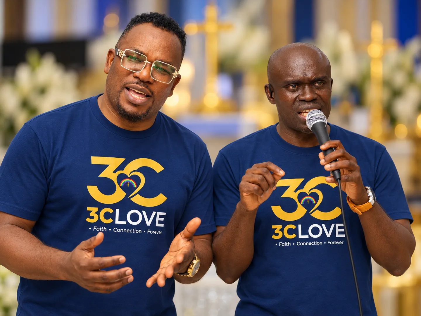 Two members in navy 3CLove shirts speaking before the altar, one holding a microphone